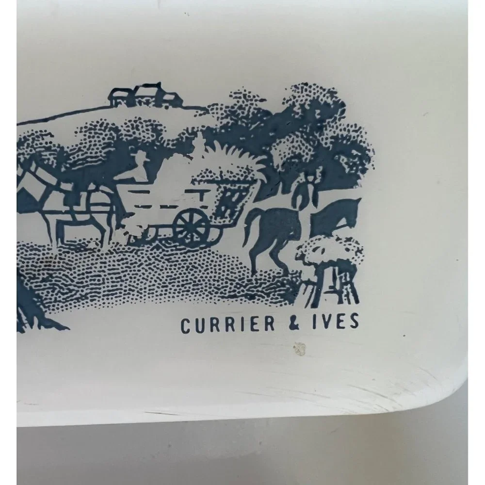Currier & Ives Glass Loaf Pan. White/ Blue
